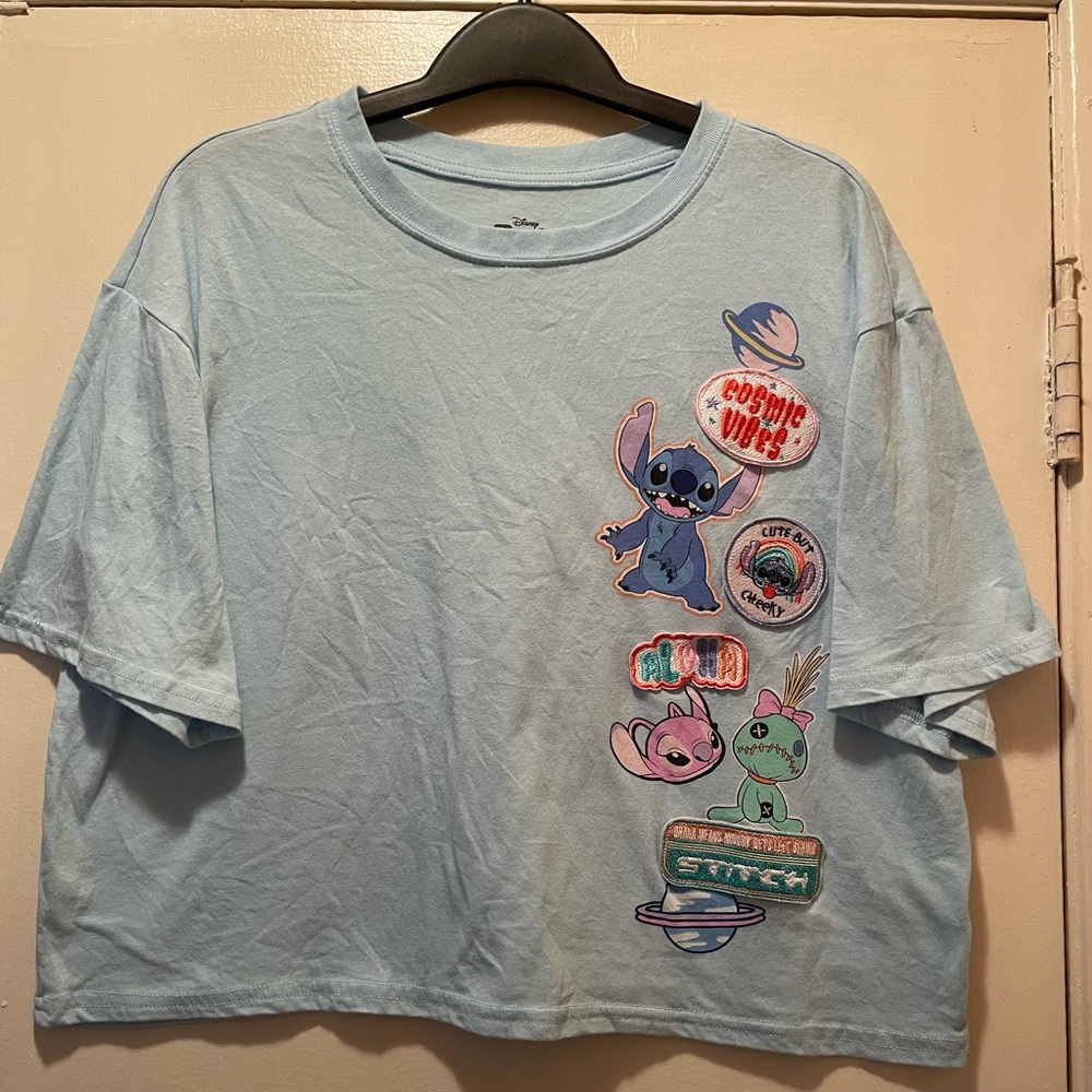 Disney Lilo & Stitch Light Blue Boxy Crop Graphic Tee Shirt Juniors M 7-9